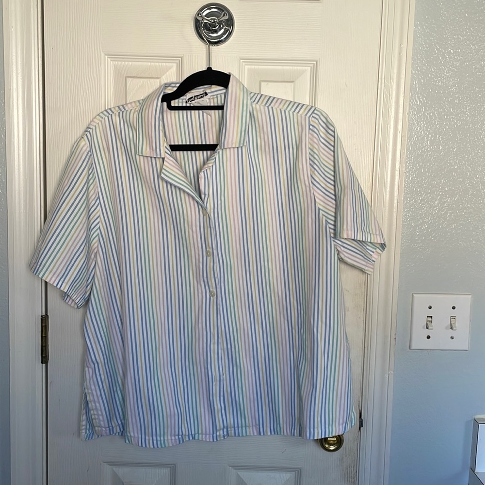 white, blue, pink, yellow, green, striped blouse
